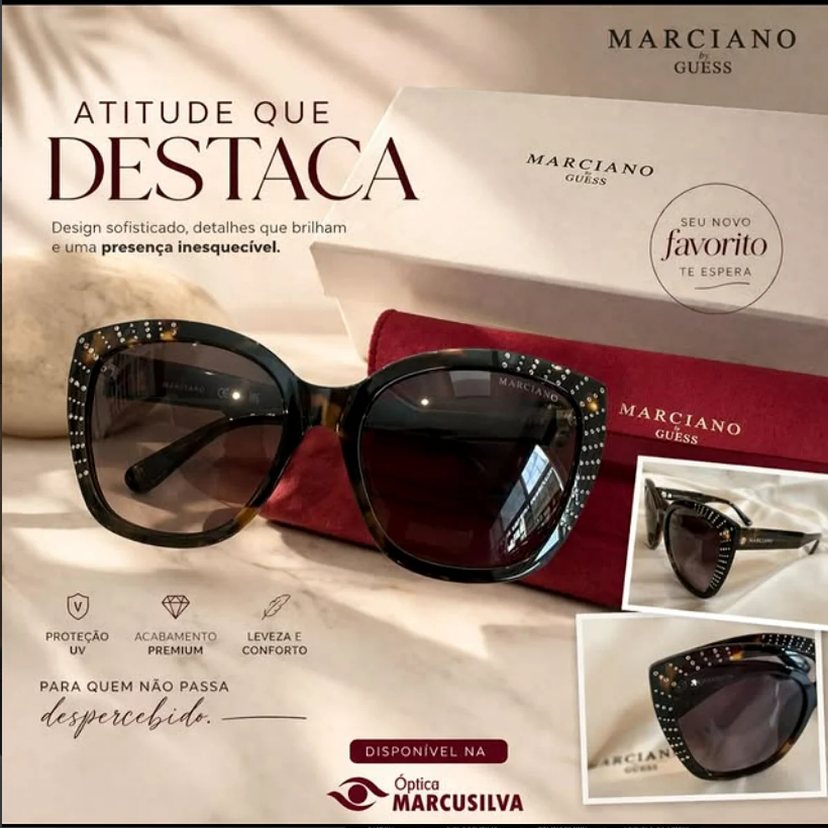Óculos Guess em composição editorial da Óptica Marcu Silva